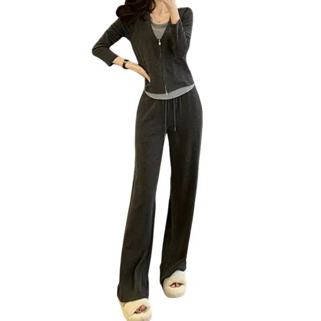 丝絮丝绸 气质假两件上衣时尚阔腿裤休闲套装 女款