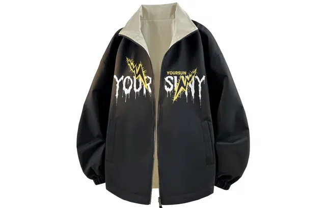 宜而爽 美式复古高街创意流体字母荆棘闪电图案印花基础款双面穿立领宽松防风防泼水简约休闲百搭学院风长袖飞行员夹克外套 男女同款