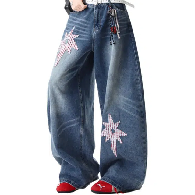 徐百货 美式弯刀潮牌宽松阔腿拖地潮流百搭牛仔裤 男女同款
