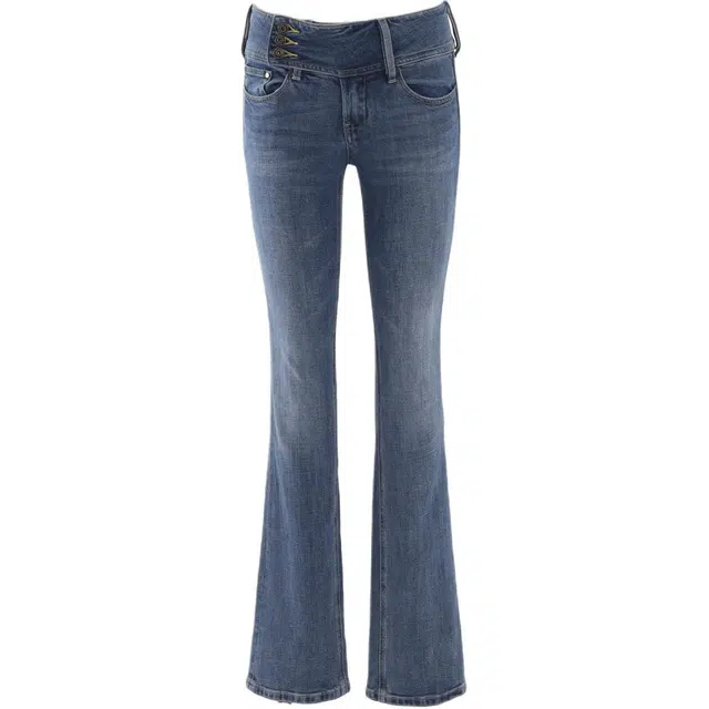 玫丝朵 美式复古低腰辣妹微喇叭裤三扣小众设计弹力修身显瘦高街风牛仔裤 女款