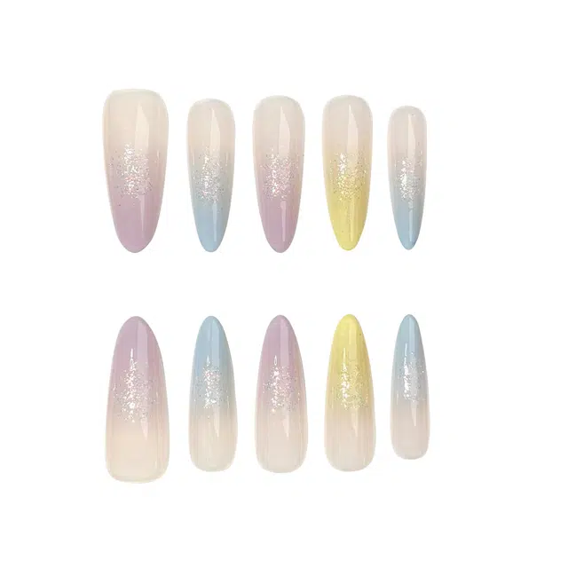 韵月乔 多巴胺渐变梦幻细闪马卡龙长款穿戴甲  椭圆多巴胺渐变渐变 细闪