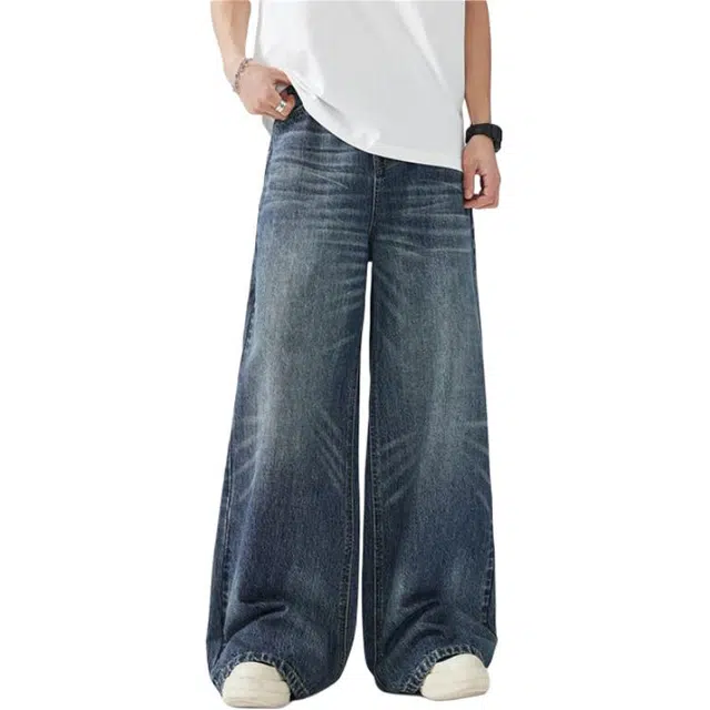 童先森 美式复古直筒水压宽松中腰长裤牛仔裤 男款