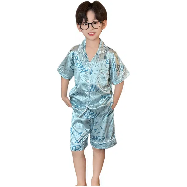 天才小熊家居服套装 男童夏季冰雪丝大字母蓝大童休闲小孩衣服 小男孩居家外穿 睡衣洋气时髦 帅气 