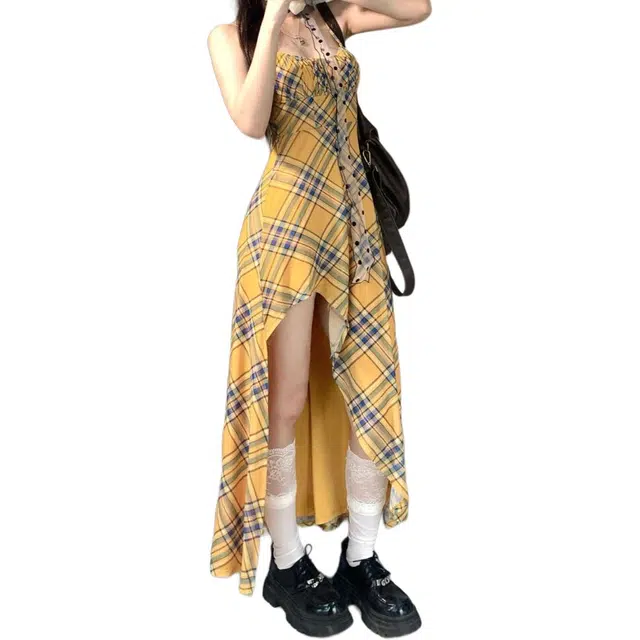 邓大喵 赫本风复古撞色格纹吊带女夏季洋气不规则百搭收腰长裙连衣裙 女款