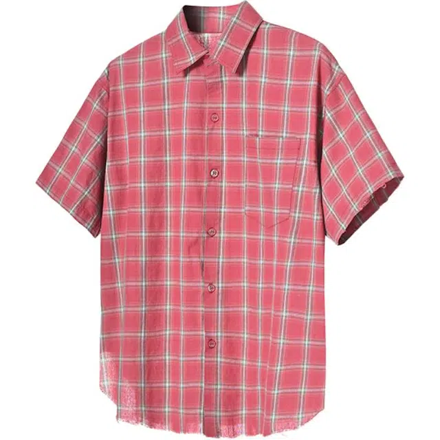 下层基础 复古做旧毛边水洗格子短袖衬衫 男女同款