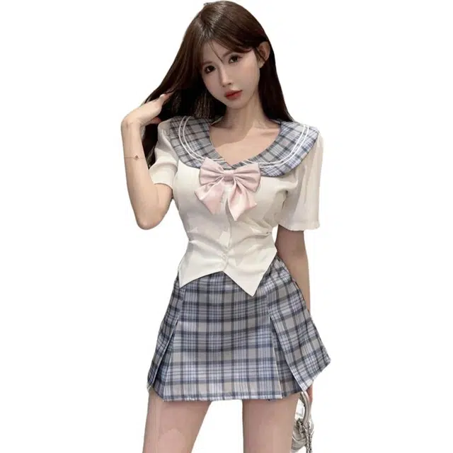 囍鱼少女 格子短裙海军蝴蝶结学院衬衫上衣裙装套装 女款