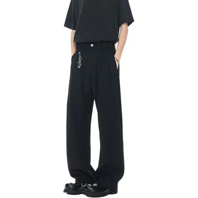 哲源 美式高街复古简约纯色弯刀裤夏季褶皱冰丝垂感凉爽透气纽扣设计感长裤日常百搭宽松舒适显高显瘦直筒休闲裤 男女同款