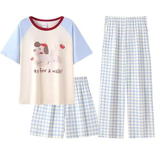 顶瓜瓜 夏季女透气舒适休闲柔软面料短袖三件套家居服睡衣套装 女款