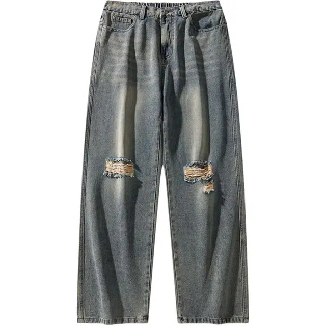 洞洞拐 复古破洞宽松阔腿直筒休闲牛仔裤 男女同款