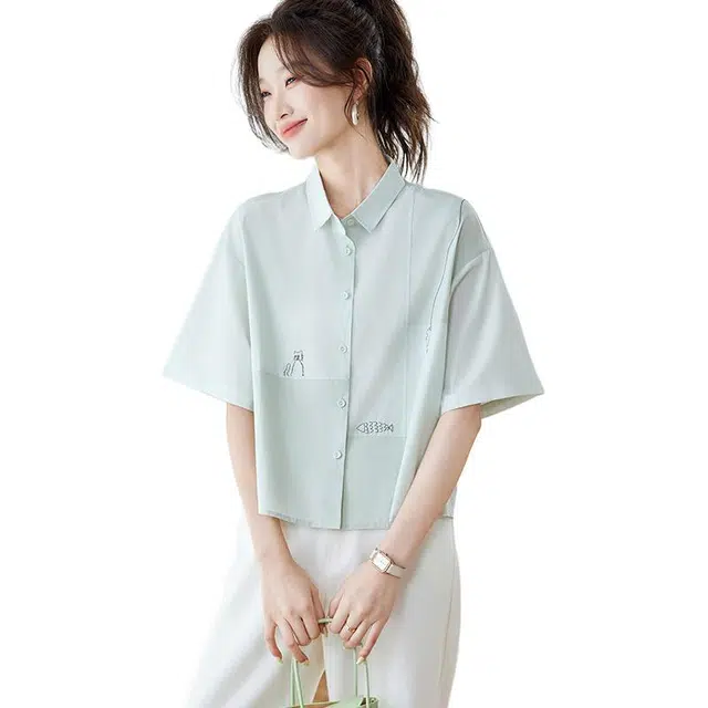 笔杏 美式趣味刺绣款短袖衬衣宽松翻领短袖衬衫 女款