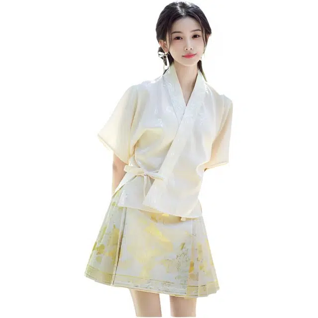 荟萃阁 新中式刺绣提花斜襟上衣一片式百褶短裙妆花织金马面裙裙装套装 女款