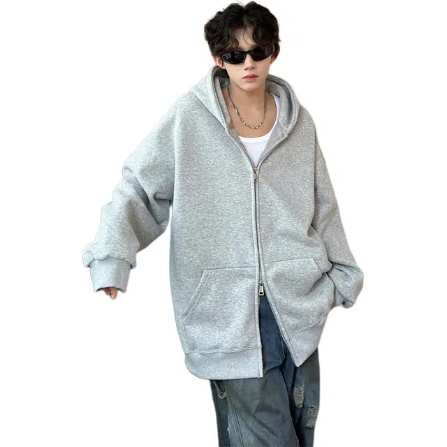 单爵 重磅纯色连帽高街情侣开衫外套潮牌宽松痞帅上衣卫衣 男女同款