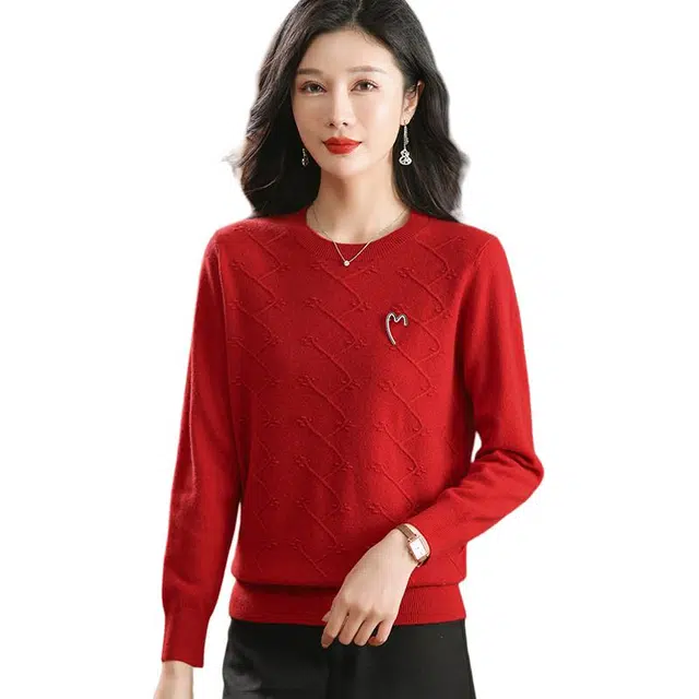 恒源祥 优雅气质百搭圆领纯色质感纹路羊毛针织衫 女款