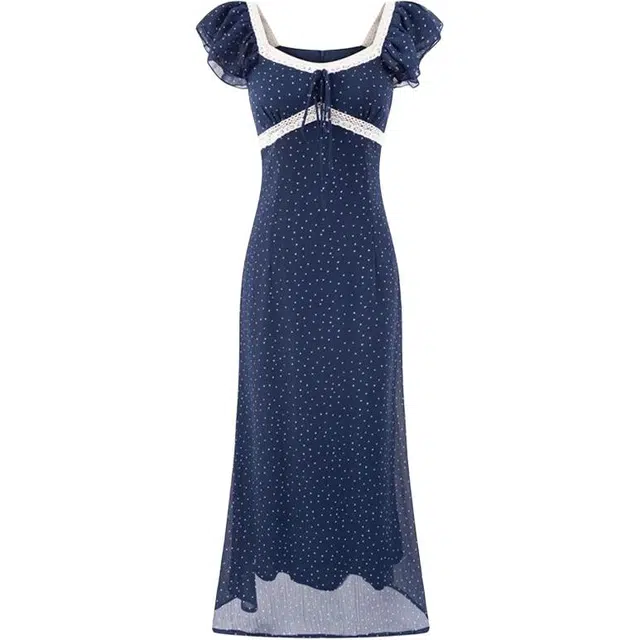 囍鱼少女 法式复古方领波点气质收腰显瘦度假长裙短袖连衣裙 女款