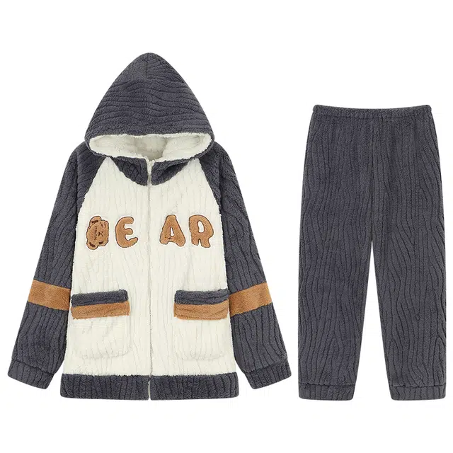 向薇 男秋冬季珊瑚绒加绒加厚保暖家居服连帽可外穿睡衣套装 男款