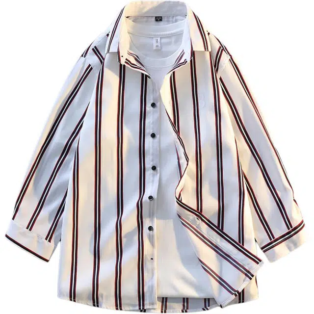 太子龍 条纹春秋款潮流百搭上衣服美式青少年宽松休闲外套长袖衬衫 男款