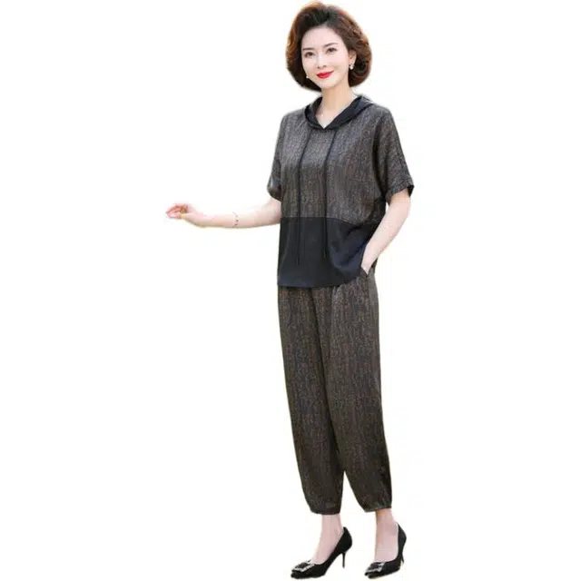 沐晓欣 中老年妈妈装夏季连帽短袖 休闲套装 女款