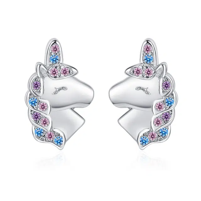 老冯记银楼 欧美独角兽学生款彩虹镶锆钻动物 铜镀金 锆石 耳钉 女款