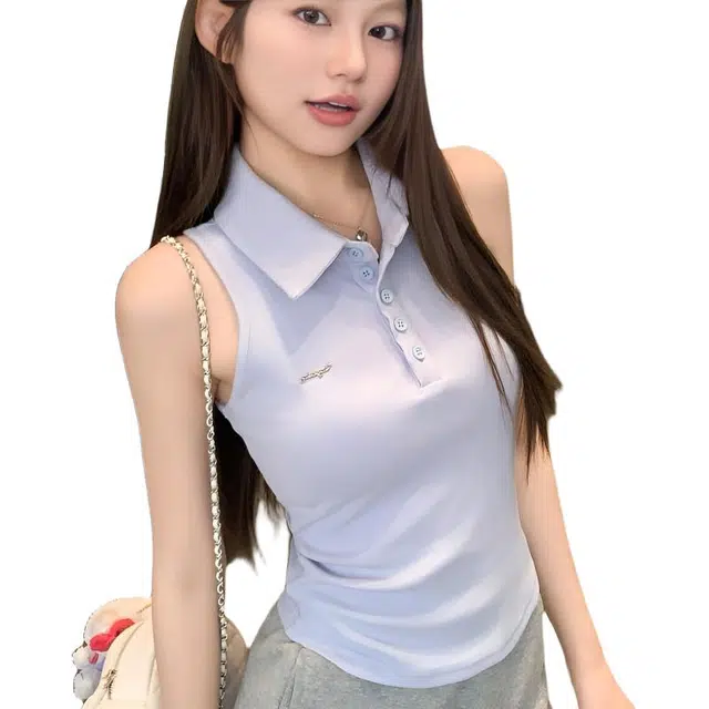 囍鱼少女 纯欲甜辣露肩翻领挂脖无袖吊带女修身坎肩上衣 背心 女款