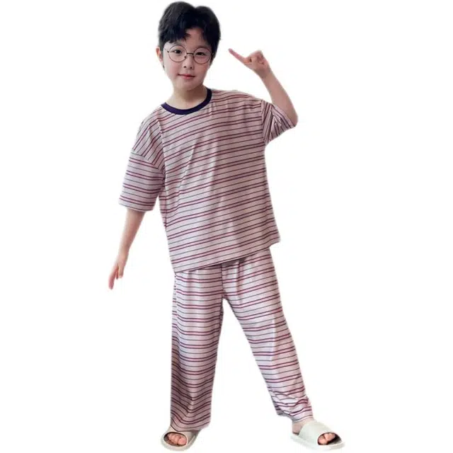 天才小熊家居服套装 男童夏季混色条纹大童休闲小孩衣服 小男孩居家外穿 睡衣洋气时髦 帅气 