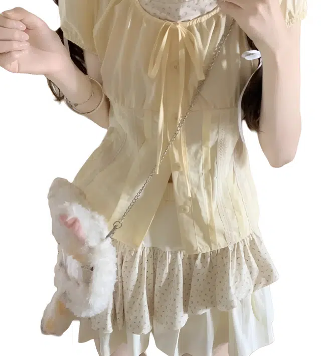 思蓓儿 衬衫法式碎花短袖甜美上衣不规则半身裙两件套裙装套装 女款