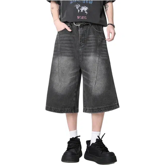太子龍 美式复古水洗做旧七分街头潮牌宽松直筒牛仔短裤 男款
