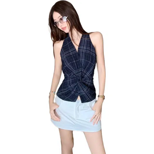 囍鱼少女 纯欲辣妹格子纽结收腰挂脖设计上衣韩系简约时尚休闲衬衫吊带 女款
