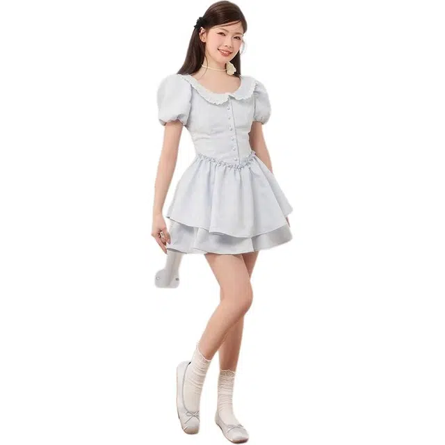 囍鱼少女 茶歇娃娃领甜辣风收腰仙女裙公主蓬蓬短裙夏短袖连衣裙 女款