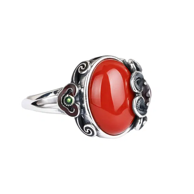 琦珂 花型花朵复古新中式做旧红色吉利开口食指戒#好运天然 玛瑙 戒指 女款