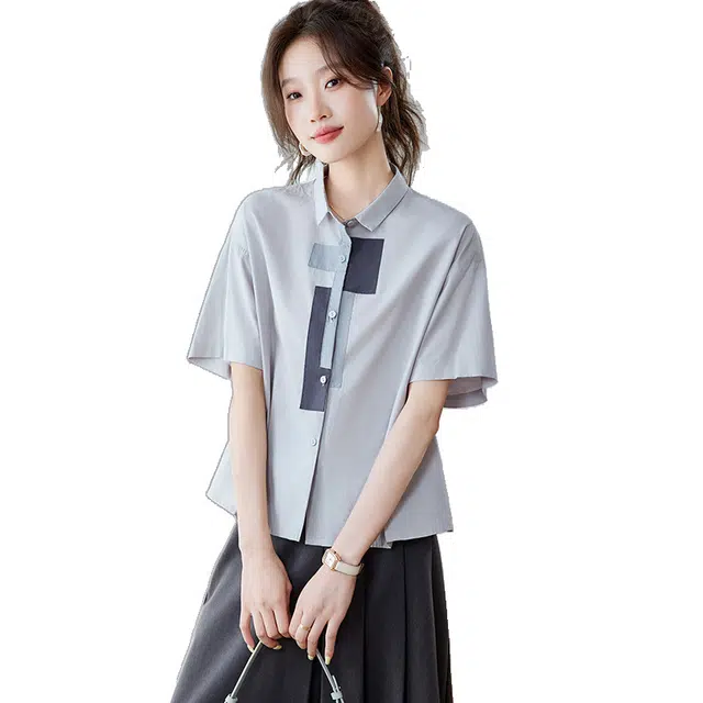 笔杏 美式日常通勤休闲风不规则几何图案上衣短袖衬衫 女款