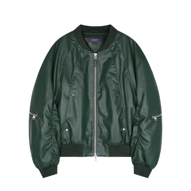 BESLOW CURVED LINE FAUX LEATHER BOMBER JUMPER