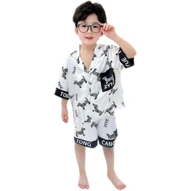 天才小熊家居服套装 男童夏季冰丝斜纹斑马狗大童休闲小孩衣服 小男孩居家外穿 睡衣洋气时髦 帅气 