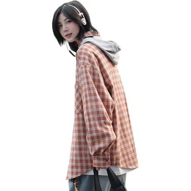 北欧攻略 美式复古慵懒街头风连帽格纹显瘦松弛感初秋衬衣外套可拆卸帽长袖衬衫 男女同款