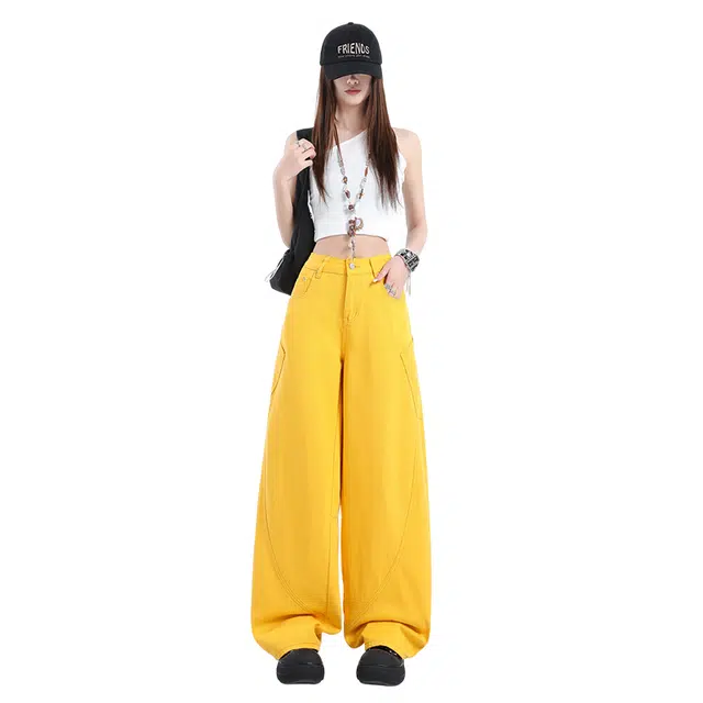 玫丝朵 美式复古高腰多巴胺宽松阔腿弯刀刺绣牛仔裤 女款
