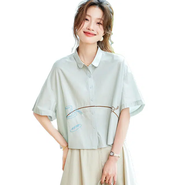 笔杏 法式宽松休闲上衣洋气短袖衬衫 女款