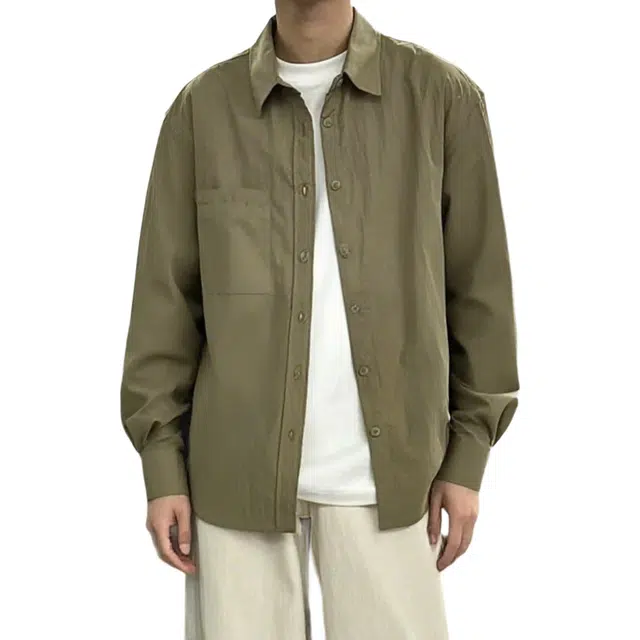 冈哉 纯色基础款口袋拼接凉感设计美式重磅时尚潮流宽松休闲日常通勤百搭简约长袖衬衫 男女同款