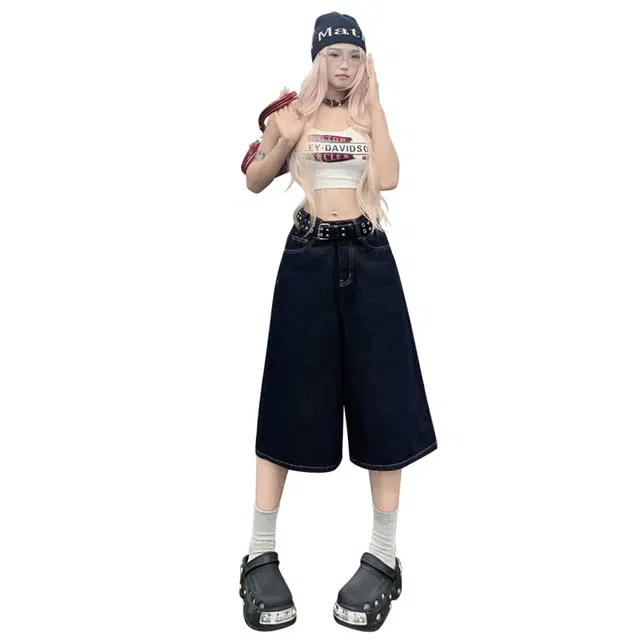 玫丝朵 美式复古高腰宽松阔腿百搭直筒牛仔短裤 女款
