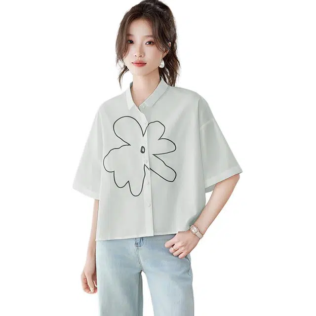 笔杏 美式线条花朵刺绣宽松翻领纯棉上衣休闲简约百搭显瘦上衣短袖衬衫 女款