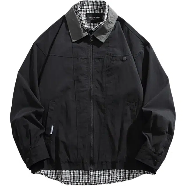 奇迹街区 复古格纹拼接假两件翻领美式宽松百搭夹克外套 男女同款