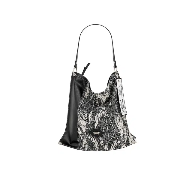 大犬乌马 大容量百搭通勤 织物 水桶包单肩包 大号 女款 提花黑