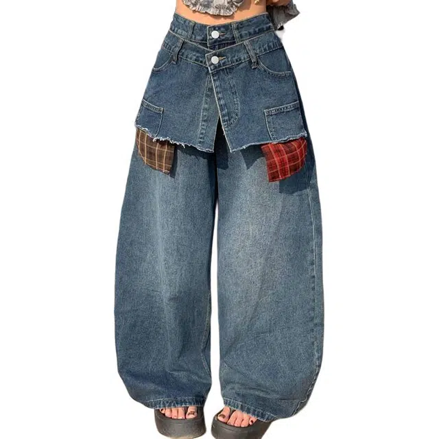 拾个壹先生 美式复古假两件拼接春季潮流宽松百搭拖地阔腿休闲牛仔裤 男女同款