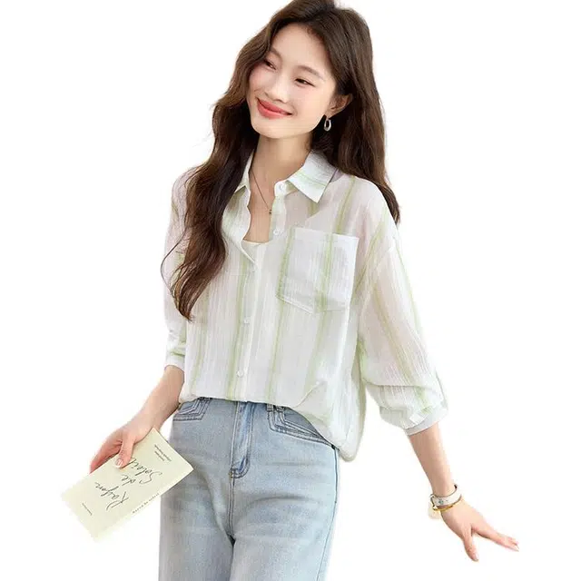 笔杏 韩系百搭宽松条纹薄款外套休闲慵懒风外搭衬衫 女款