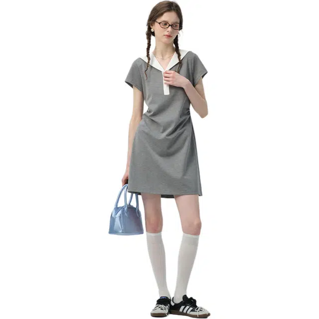 缪斯的诱惑 学院风海军领裙子女夏季高级感复古收腰短裙短袖连衣裙 女款