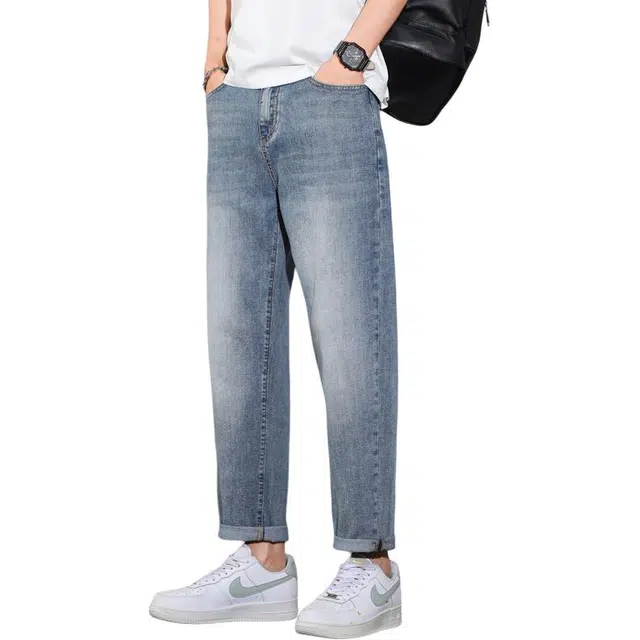 帝狼牛 美式复古纯色高街水洗做旧百搭垂感基础休闲九分裤小脚修身牛仔裤 男女同款