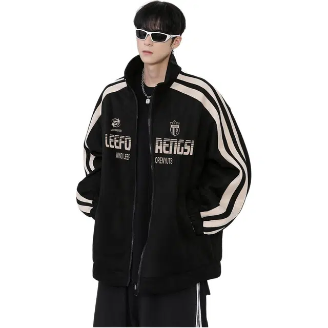颂希尔 美式潮牌侧条纹棒球服秋冬季麂皮绒高街痞帅外套潮流宽松百搭夹克 男女同款