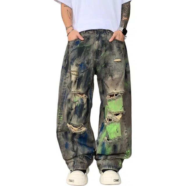 宝米卡 美式涂鸦破洞宽松直筒潮牌小众设计感个性长裤牛仔裤 男女同款