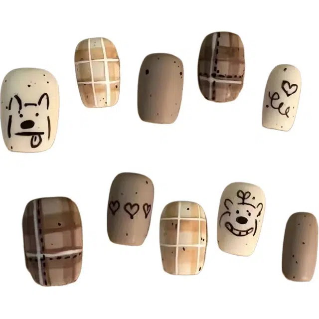 计轩 短款半手工穿戴甲回廊假指甲贴 修甲工具显白必备潮流美甲  短梯咖色跳色 可爱