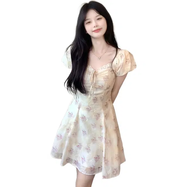 黛尔佳人 法式学院风泡泡袖系带碎花裙减龄公主短袖连衣裙 女款