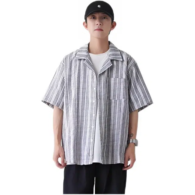 木木兔 日系古巴领格子学院风小清新休闲宽松短袖衬衫 男款