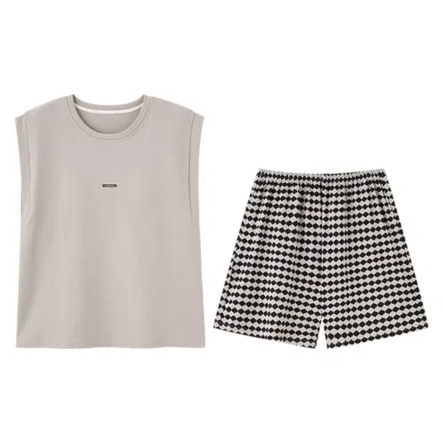 向薇 夏季带胸垫一体纯棉无袖背心短裤女士薄款圆领家居服睡衣套装 女款